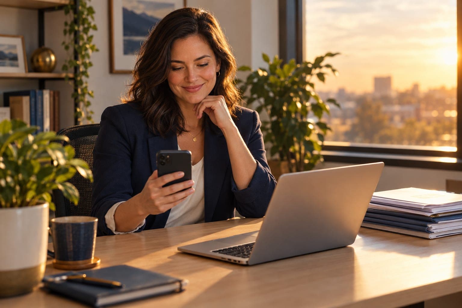 An agent smiling at her phone as a client opens their video