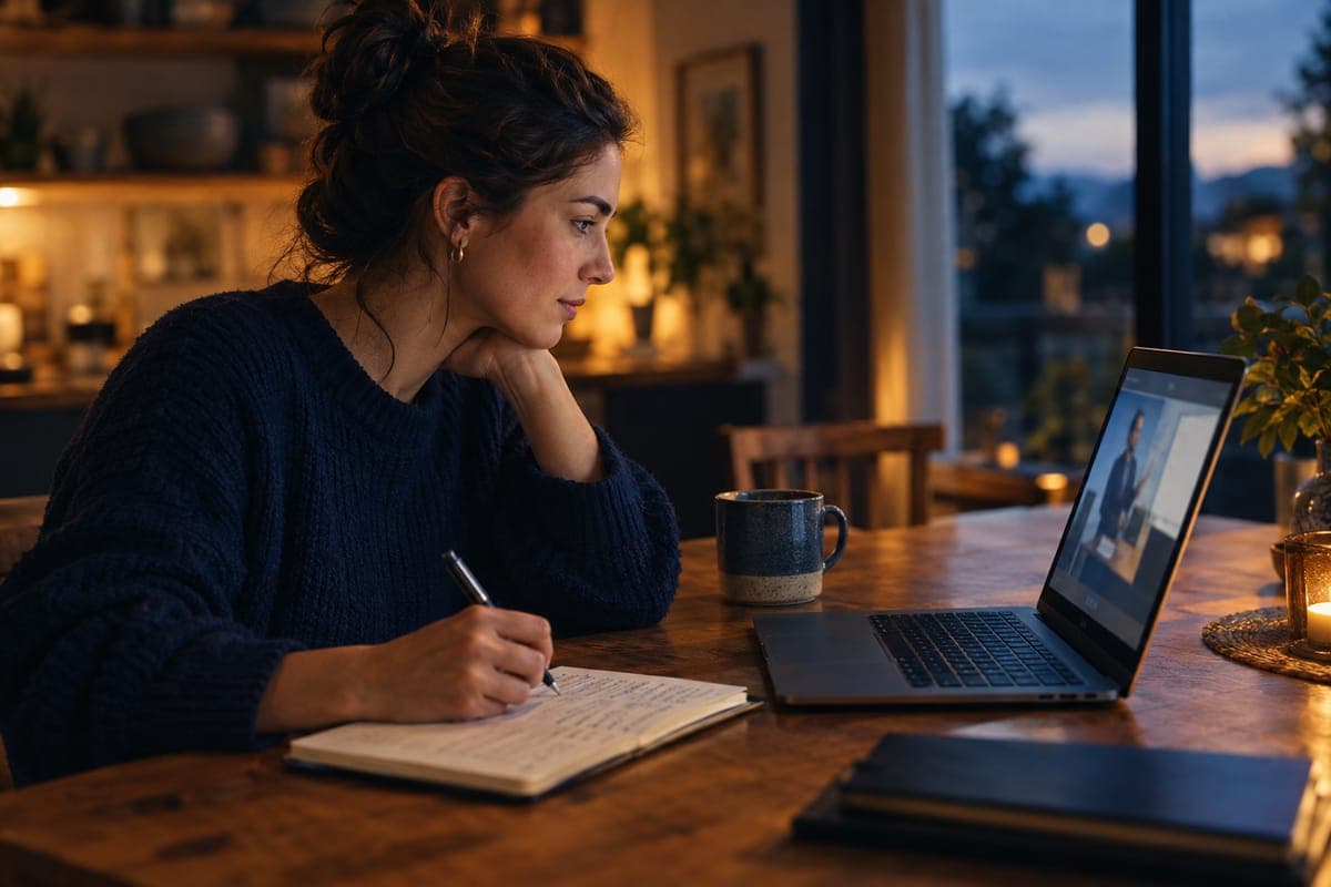 Someone taking notes while watching a short video