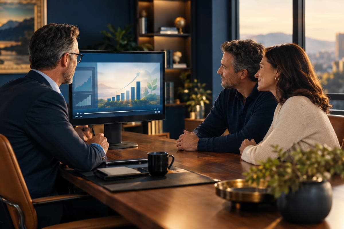 An advisor and clients watching a short video with charts