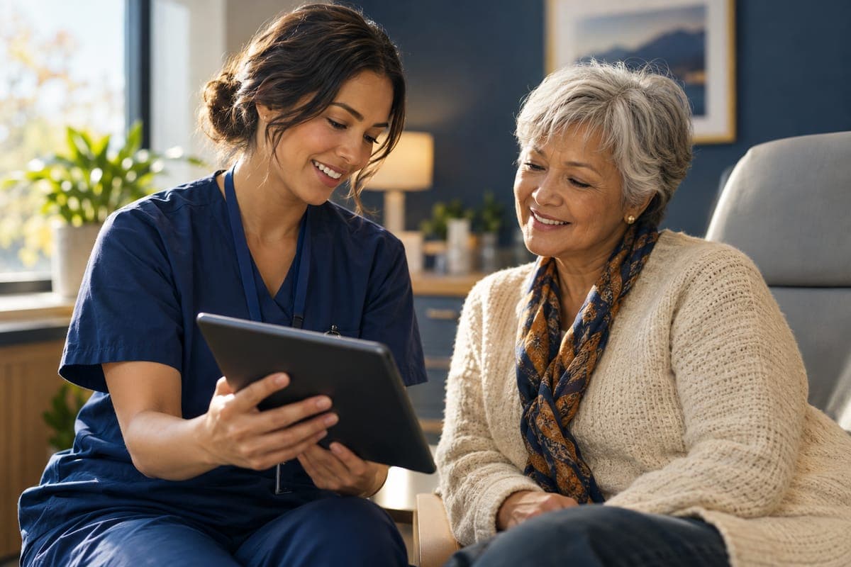 A nurse showing a patient a short video on a tablet