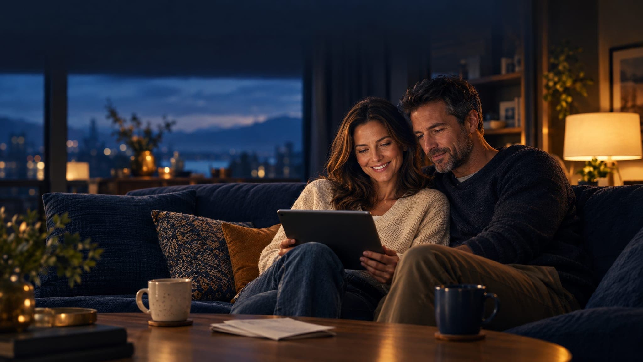 A couple on their sofa at dusk, watching their coverage video together on a tablet