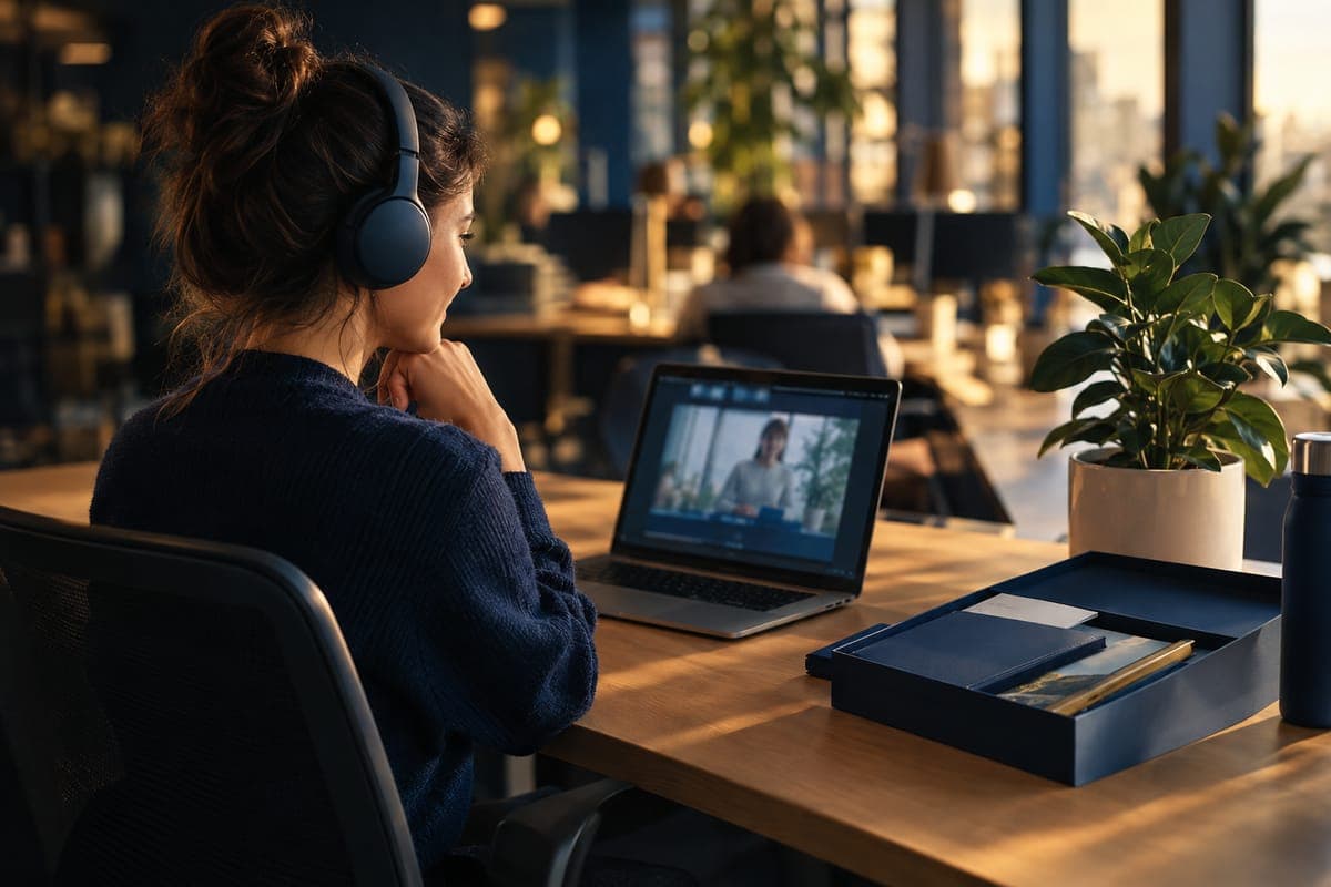 A new employee watching a benefits welcome video at her desk