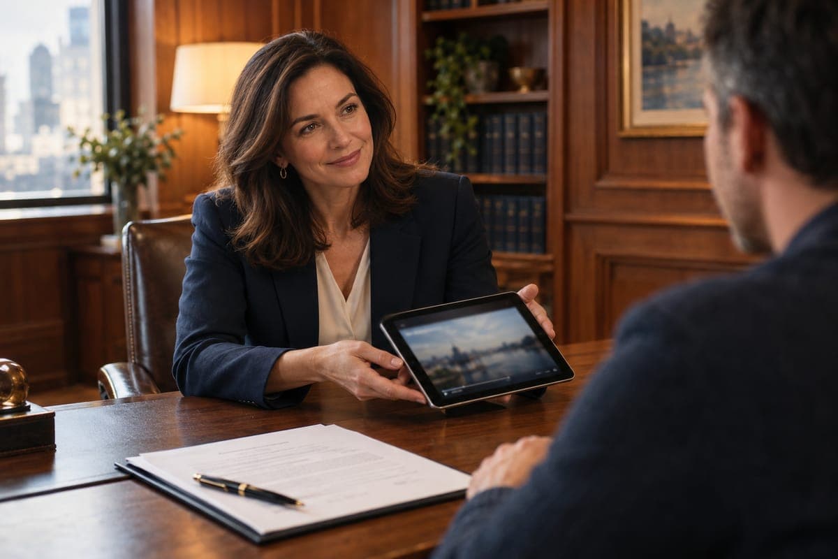 A lawyer handing a client a tablet playing a short video