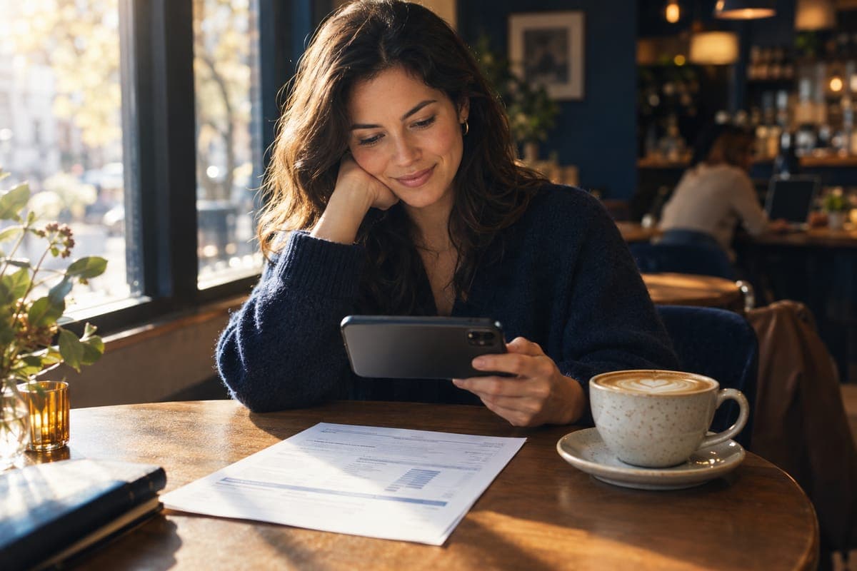 A buyer at a cafe watching a short video beside a loan estimate
