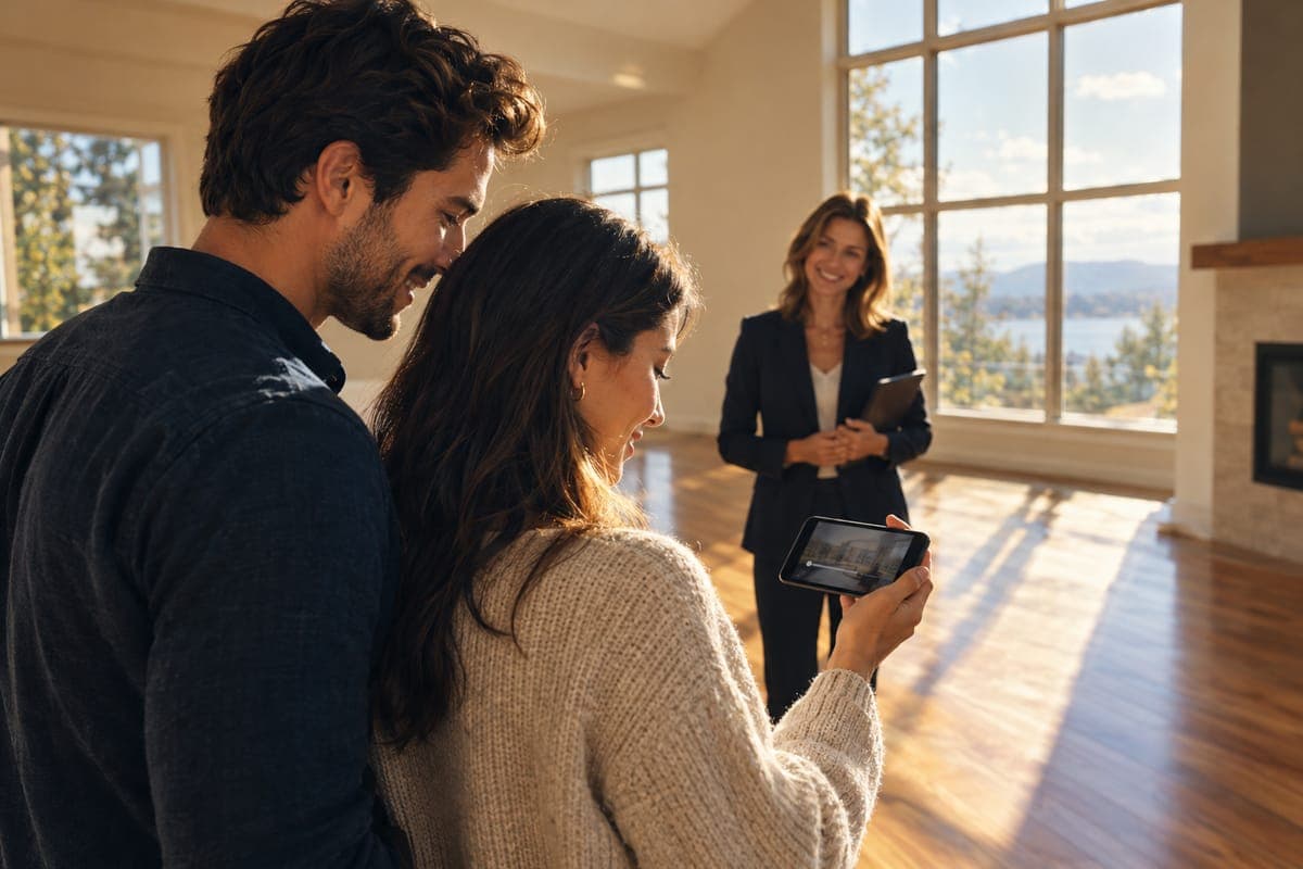 A couple in a sunlit home watching a short video on a phone