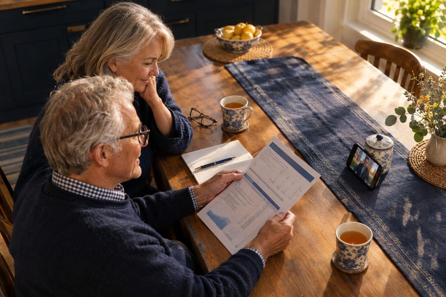 An older couple watching their coverage video at the kitchen table